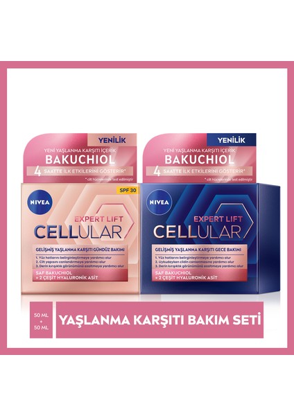 Cellular Expert Lift Saf Bakuchiol Gelişmiş Gündüz Yüz Kremi SPF 30 Güneş Koruması ve Gece Yüz Kremi 50ml,Saf Hyaluronik Asit