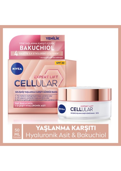 Cellular Expert Lift Saf Bakuchiol Gelişmiş Gündüz Yüz Kremi SPF 30 Güneş Koruması ve Gece Yüz Kremi 50ml,Saf Hyaluronik Asit