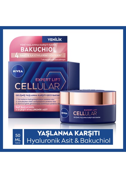 Cellular Expert Lift Saf Bakuchiol Gelişmiş Gündüz Yüz Kremi SPF 30 Güneş Koruması ve Gece Yüz Kremi 50ml,Saf Hyaluronik Asit