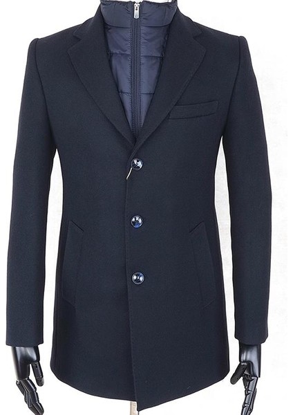 Erkek - Slim Fit - Lacivert - Çıkmalı Ceket Yaka - Içi Kapitoneli -Tek Yırtmaç - Dizüstü Kaşe Kaban