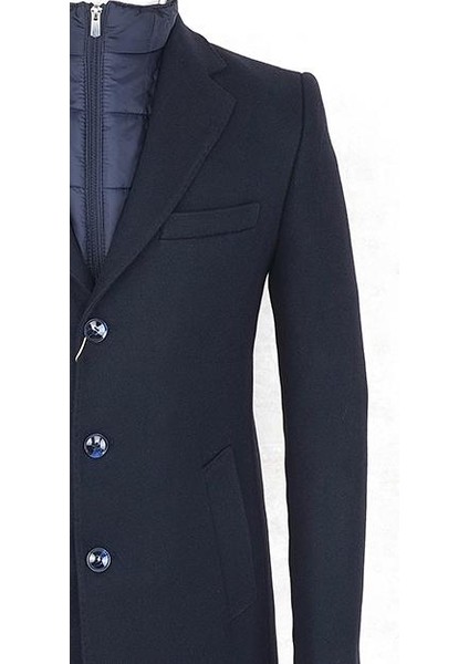 Erkek - Slim Fit - Lacivert - Çıkmalı Ceket Yaka - Içi Kapitoneli -Tek Yırtmaç - Dizüstü Kaşe Kaban modelleri