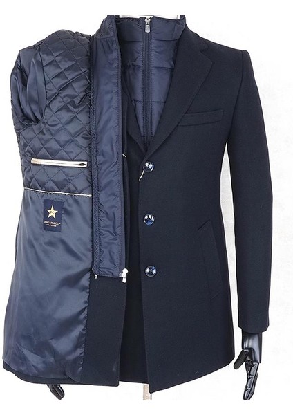 Erkek - Slim Fit - Lacivert - Çıkmalı Ceket Yaka - Içi Kapitoneli -Tek Yırtmaç - Dizüstü Kaşe Kaban fırsatları