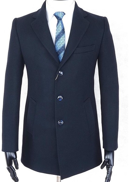 Erkek - Slim Fit - Lacivert - Çıkmalı Ceket Yaka - Içi Kapitoneli -Tek Yırtmaç - Dizüstü Kaşe Kaban indirimleri