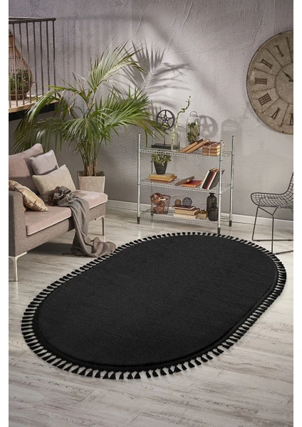 Valery Home Comfort Puffy Oval Ponpon Saçaklı Peluş Yıkanabilir Siyah Yolluk