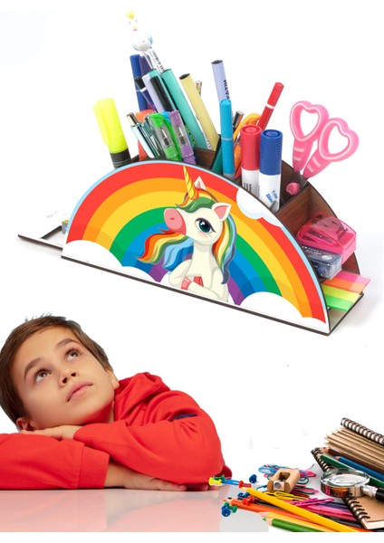 Ahşap Düşünen Unicorn Gökkuşağı Cetvelli Masaüstü Kalemlik Kutu Çocuklar Için Organizer GK105 fırsatları