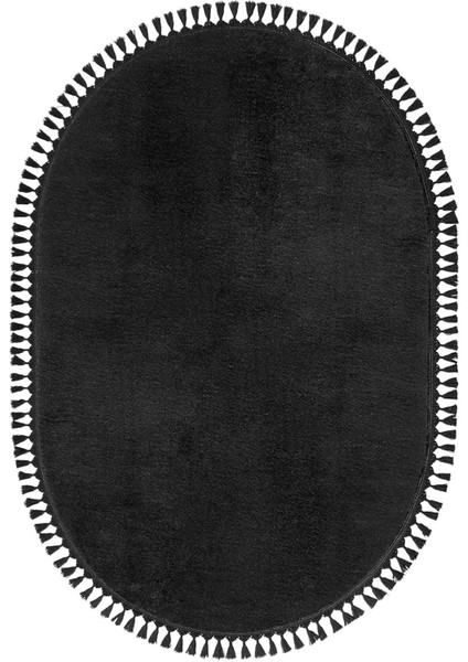 Comfort Puffy Oval Ponpon Saçaklı Peluş Yıkanabilir Siyah Yolluk indirimleri