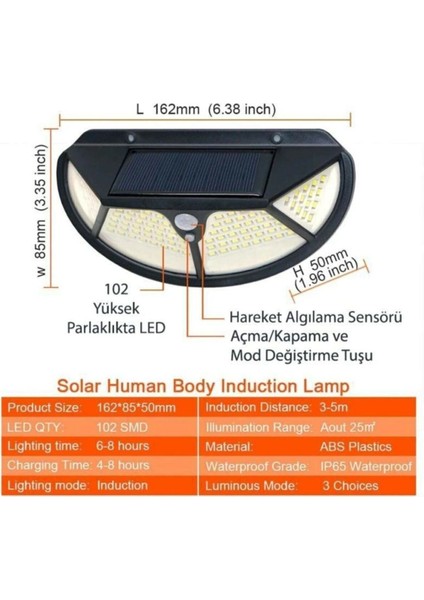 Solar Güneş Enerjili 102 Ledli 3 Modlu Hareket Sensörlü Oval Bahçe Lambası