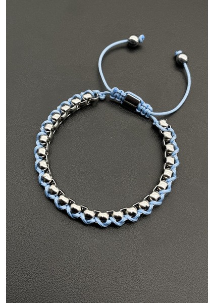 316L Çelik ve Mavi Renkli Ayarlanabilir Makrome Erkek Bileklik FRJ11691-1791-M