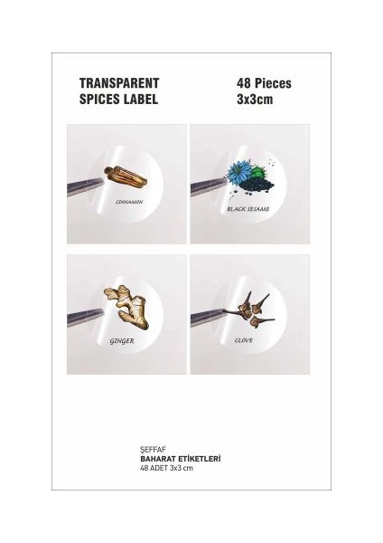 Ingilizce Transparent Spice Label Kavanoz Etiketleri Baharat Takımı Şeffaf Yuvarlak 48 Adet 3 cm