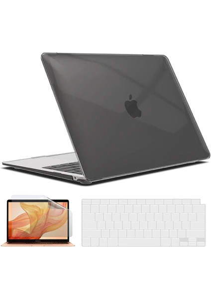 Macbook Air 13 Inç M1 Çip A2337 Tam Uyumlu Alt Üst Kılıf + Klavye Kılıfı + Ekran Koruyucu Film Siyah