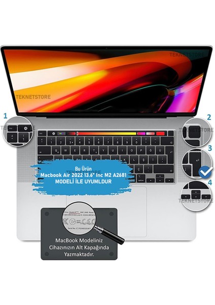 Macbook Air 13.6 Inç M2 Çip A2681 Tam Uyumlu Alt Üst Kılıf + Klavye Kılıfı + Ekran Koruyucu Film indirimleri