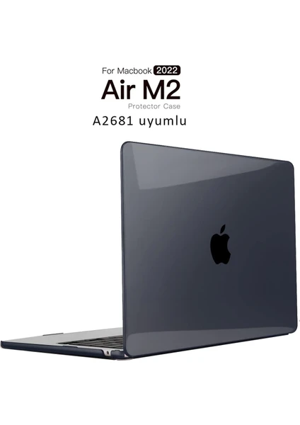 Macbook Air M2 13.6” 2022 A2681 Kapak Kılıf Parlak Siyah Transparan Kapak 13.6" Uyumlu 360° Koruma