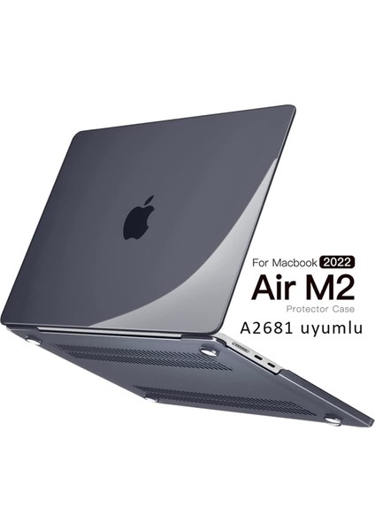 Macbook Air M2 13.6” 2022 A2681 Kapak Kılıf Parlak Siyah Transparan Kapak 13.6" Uyumlu 360° Koruma