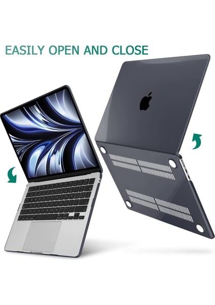 Macbook Air M2 13.6” 2022 A2681 Kapak Kılıf Parlak Siyah Transparan Kapak 13.6" Uyumlu 360° Koruma