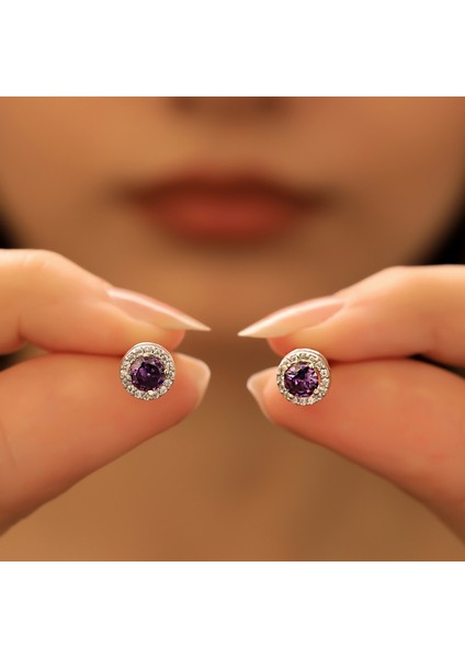 925 Ayar Gümüş Ametist Taşlı Yuvarlak Küpe