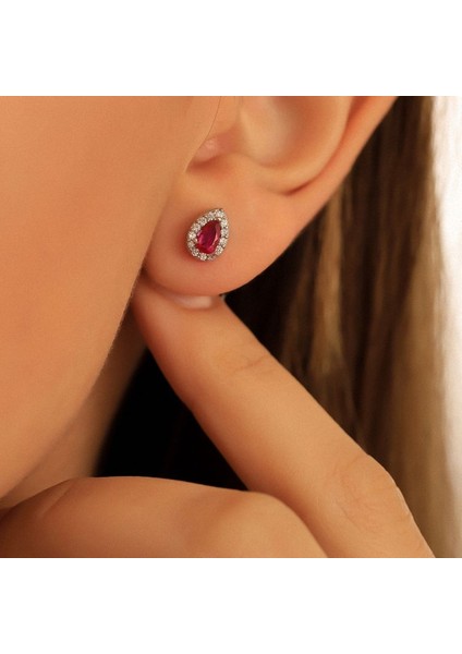 925 Ayar Gümüş Ruby Taşlı Damla Küpe