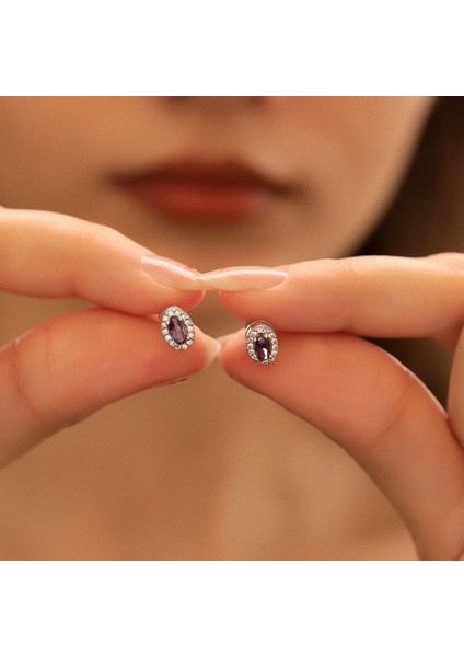 925 Ayar Gümüş Ametist Taşlı Oval Küpe