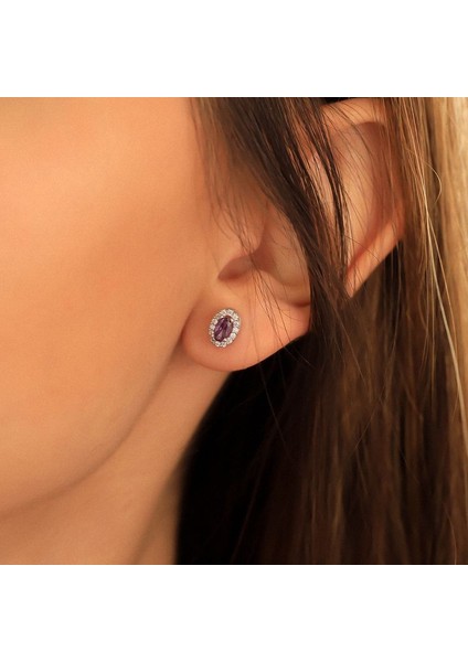 925 Ayar Gümüş Ametist Taşlı Oval Küpe modelleri