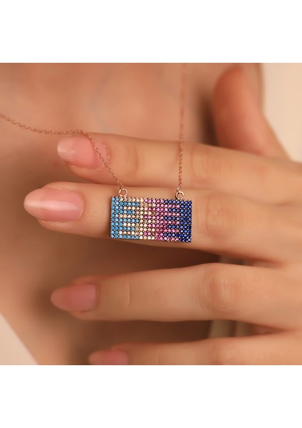 925 Ayar Gümüş Mix Taşlı Dikdörtgen Kolye