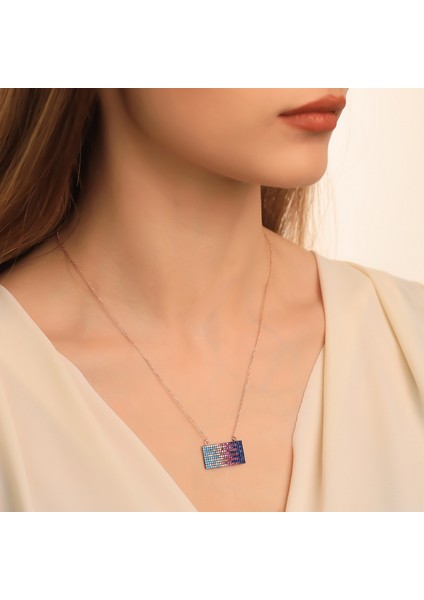 925 Ayar Gümüş Mix Taşlı Dikdörtgen Kolye modelleri