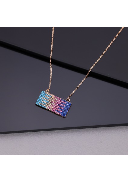 925 Ayar Gümüş Mix Taşlı Dikdörtgen Kolye fırsatları