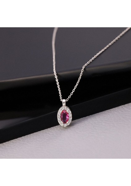 925 Ayar Gümüş Ruby Taşlı Oval Kolye