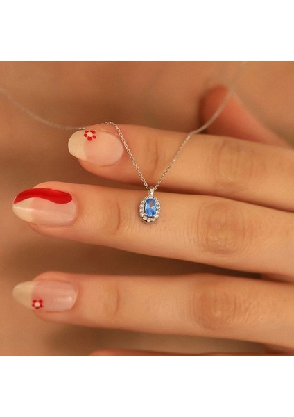 925 Ayar Gümüş Aquamarine Taşlı Oval Kolye