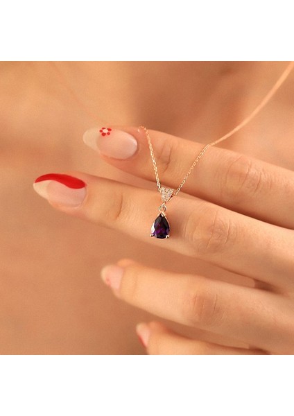 925 Ayar Gümüş Ametist Taşlı Damla Kolye