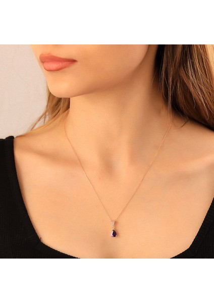 925 Ayar Gümüş Ametist Taşlı Damla Kolye modelleri