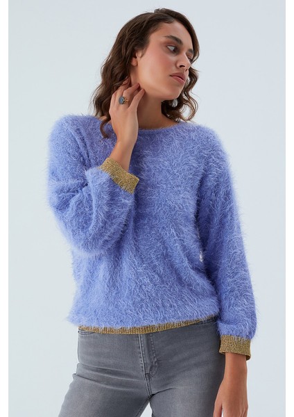 De Vılle Pullover Kol ve Etek Ucu Simli Kadın Triko Kazak Lila indirimleri