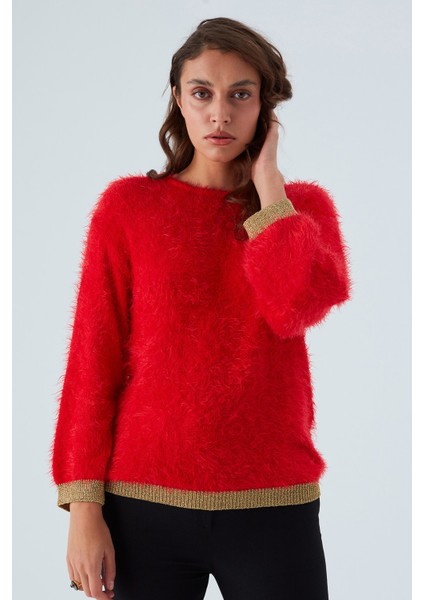 De Vılle Pullover Kol ve Etek Ucu Simli Kadın Triko Kazak Kırmızı fiyatları
