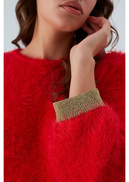 De Vılle Pullover Kol ve Etek Ucu Simli Kadın Triko Kazak Kırmızı modelleri