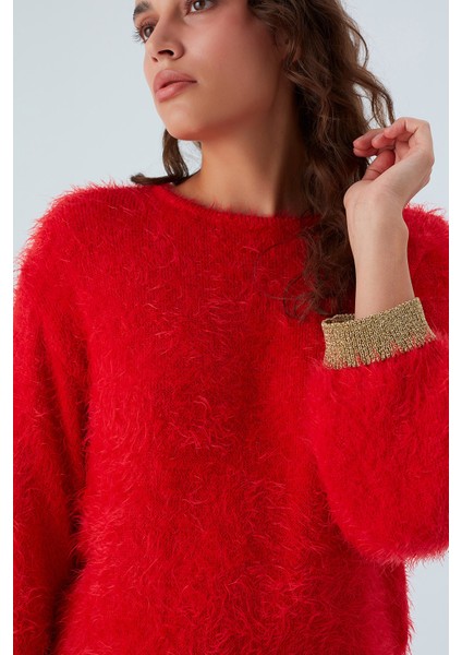 De Vılle Pullover Kol ve Etek Ucu Simli Kadın Triko Kazak Kırmızı fırsatları