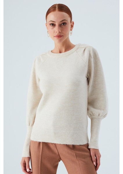 Rakel Pullover Omuz Büzgülü Yumuşak Kadın Triko Kazak Ekru
