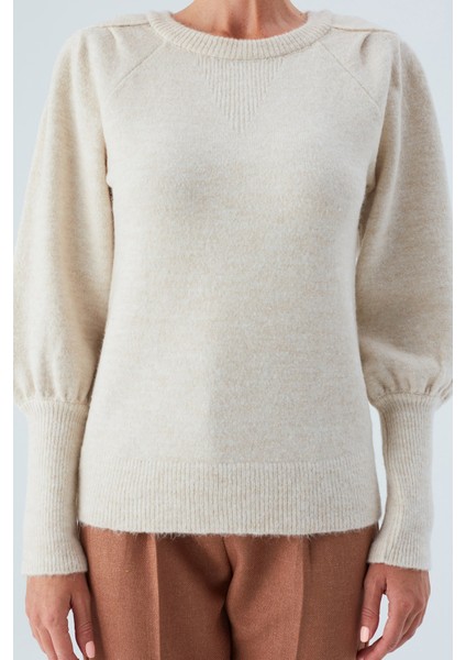 Rakel Pullover Omuz Büzgülü Yumuşak Kadın Triko Kazak Ekru