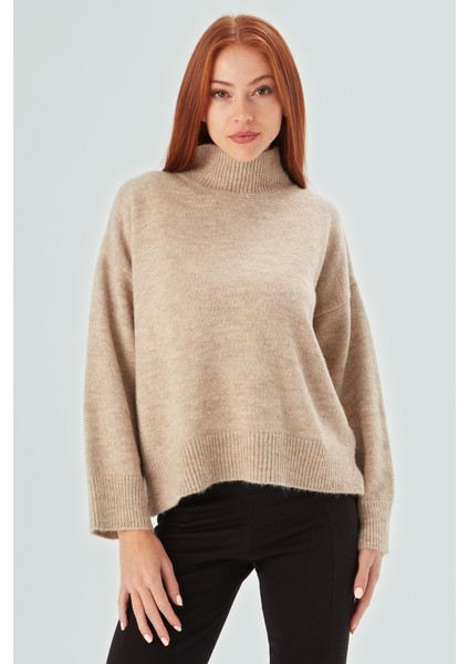 Macumba Pullover Balıkçı Yaka Yumuşak Dokulu Kadın Triko Kazak Bej Melanj