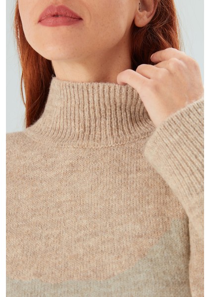 Macumba Pullover Balıkçı Yaka Yumuşak Dokulu Kadın Triko Kazak Bej Melanj