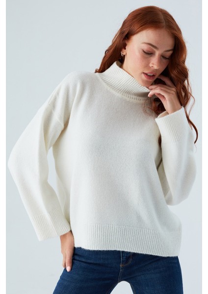 Macumba Pullover Balıkçı Yaka Yumuşak Dokulu Kadın Triko Kazak Beyaz