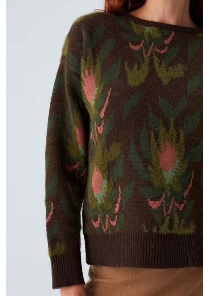 Fıorı Pullover Çiçek Desenli Crop Kadın Triko Kazak Çok Renkli fırsatları