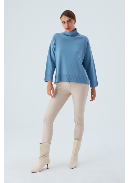 Balıkçı Yaka Boğazlı Bol Kesim Kadın Triko Kazak Mavi