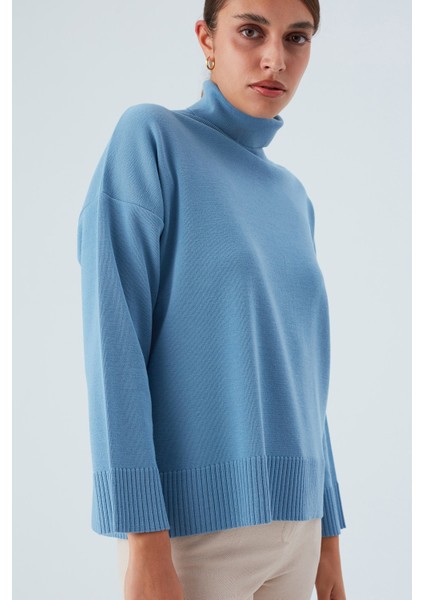 Balıkçı Yaka Boğazlı Bol Kesim Kadın Triko Kazak Mavi fiyatları