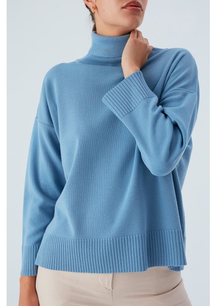 Balıkçı Yaka Boğazlı Bol Kesim Kadın Triko Kazak Mavi modelleri