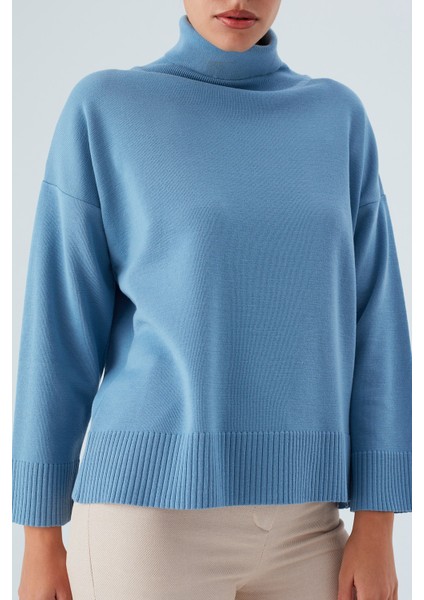 Balıkçı Yaka Boğazlı Bol Kesim Kadın Triko Kazak Mavi fırsatları