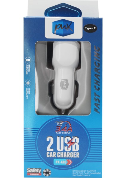 3.4A 2usb Type-C Kablolu Araç Şarj Aleti Beyaz