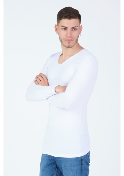 Erkek V Yaka Likralı Basic T-Shirt