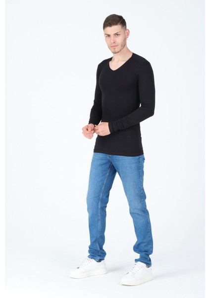 Erkek V Yaka Likralı Basic T-Shirt