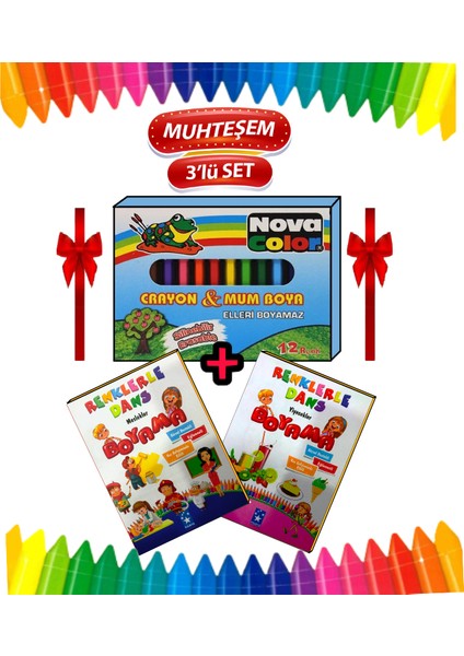 Gönül Eğlenceli Boyama Seti (12'li silinebilen mum Boya + 2 Boyama Kitabı)