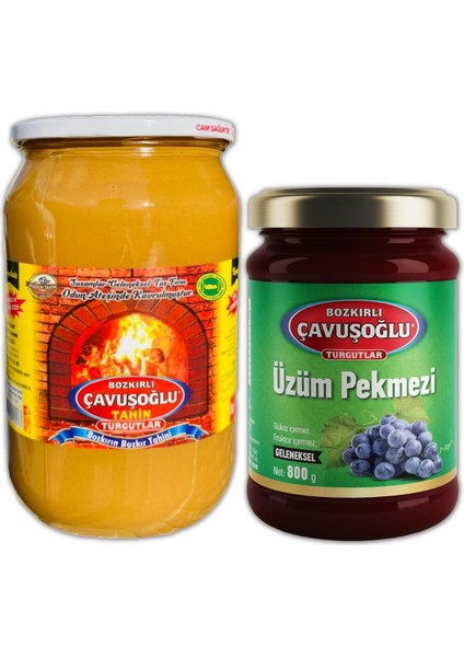 Odun Ateşinde Kepekli Bozkır Tahini Cam Kavanoz 930 gr + Üzüm Pekmezi Cam Kavanoz 800 gr