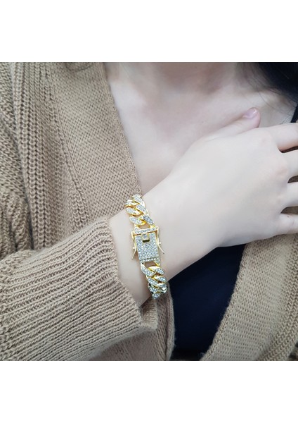 12 Mm. Kalın Taşlı Gold Alloy Bayan Bileklik ER02SR