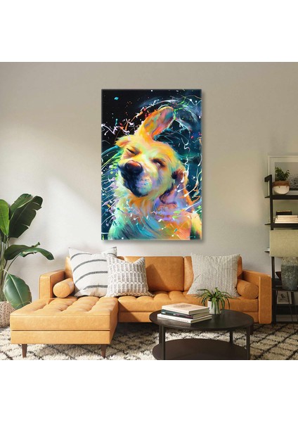 Başını Sallayan Şirin Köpek Golden Etrafında Renkli Sus Damlaları Kanvas Tablo
